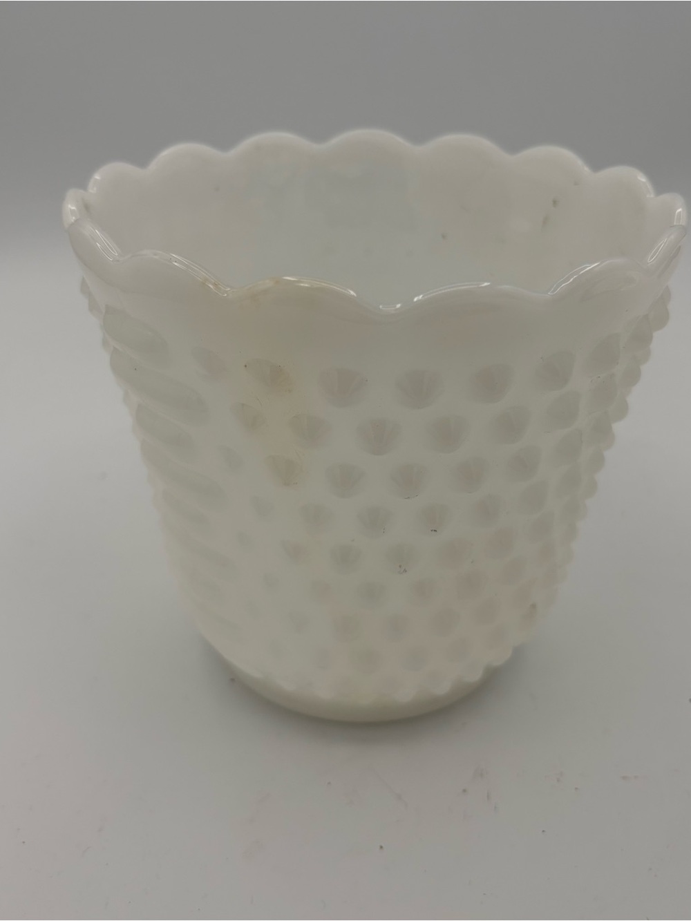 MCM 5” FIRE-KING Oven Ware White Milk Glass Hobnail Planter Decor - Made In USA